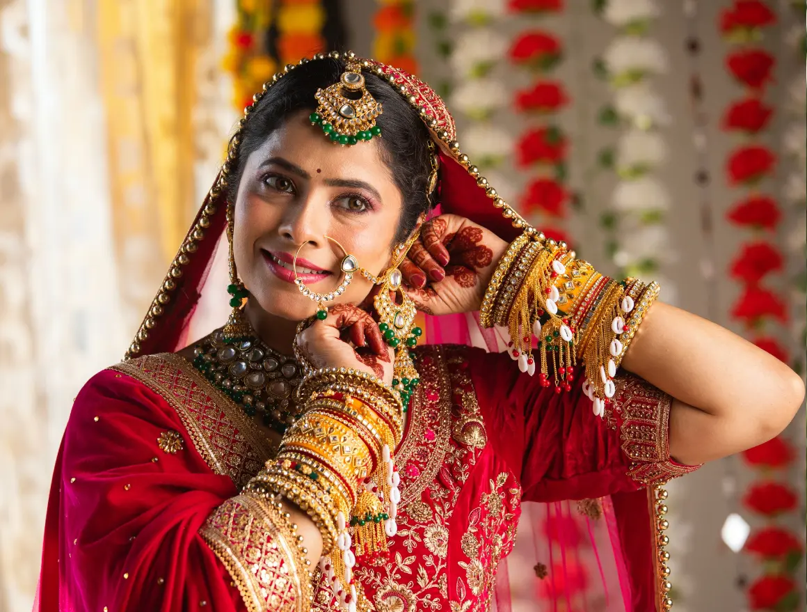Bride adjusting jewelry in colorful setting